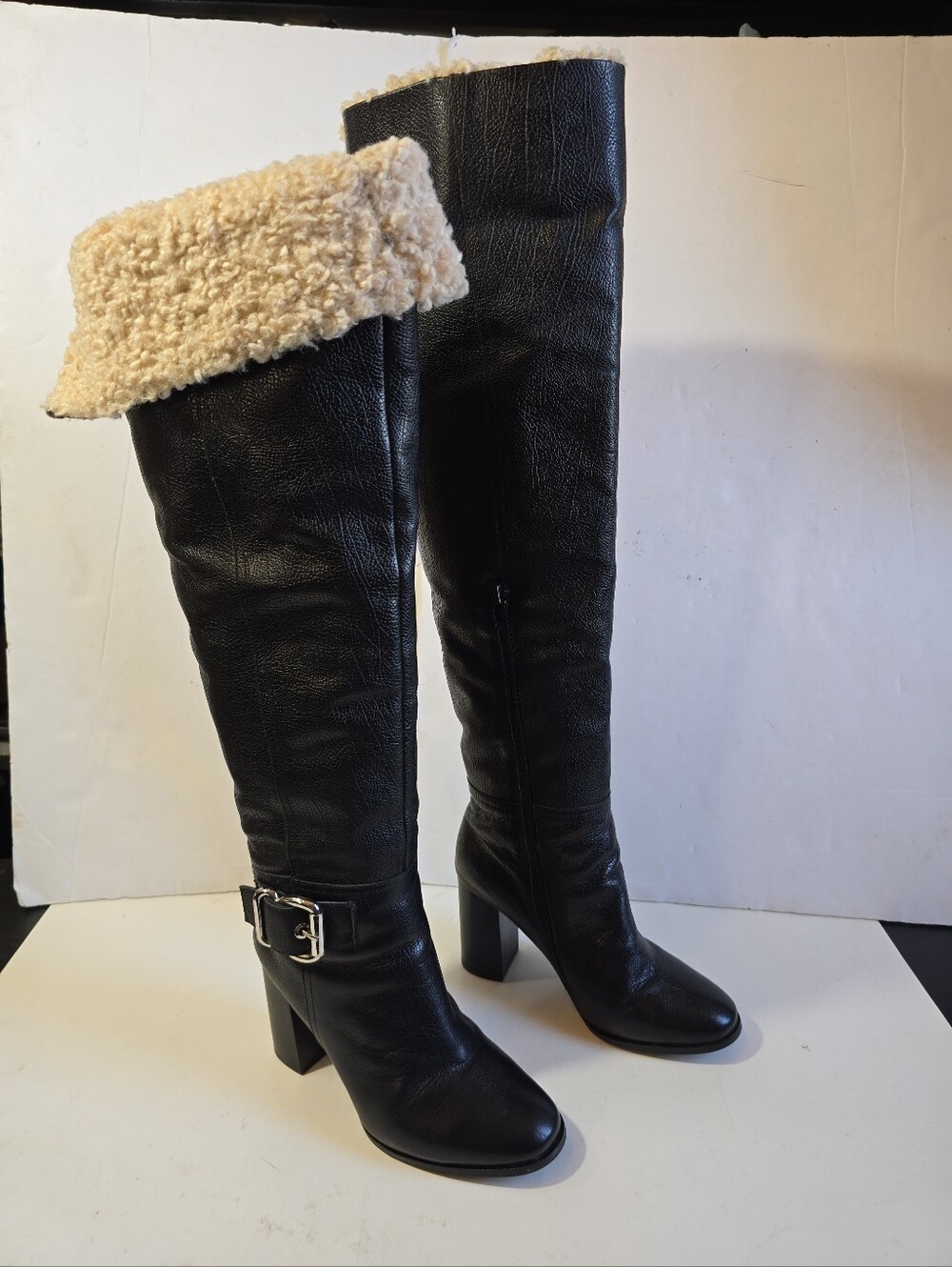 Jeffrey Campbell Black Knee-High Shearling Trim Boots With Buckle Accent